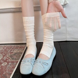 奶白色春夏季 踩脚堆堆袜套女纯色百搭镂空网眼半掌小腿袜腿套 薄款