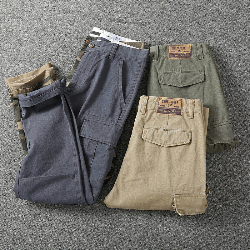 美式复古迷彩工装裤男夏季宽松休闲松紧腰束脚裤户外工作服劳保裤