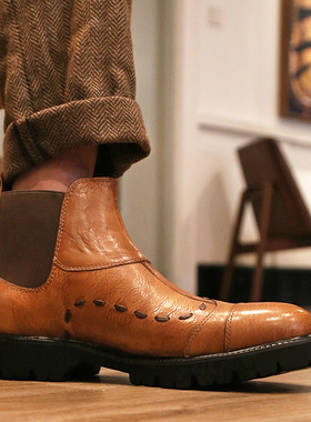 SYD手工复古切尔西靴男高档英伦马丁靴短筒圆头真皮冬季套筒皮靴