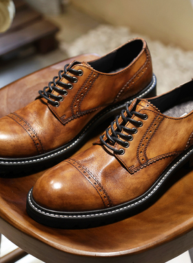 SYD英伦复古雕花皮鞋男士擦色真皮商务休闲皮鞋三接头新郎结婚鞋
