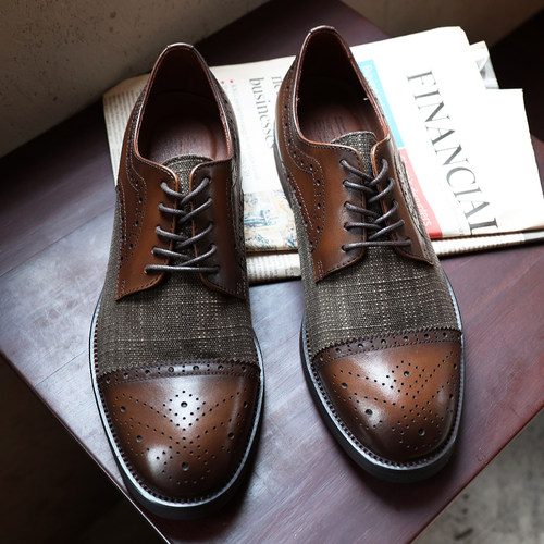 SYD英伦复古三接头皮鞋男真皮手工德比鞋透气布洛克雕花皮鞋婚鞋