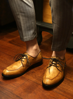 SYD男士商务正装皮鞋真皮潮流英伦风手工德比鞋系带复古休闲鞋