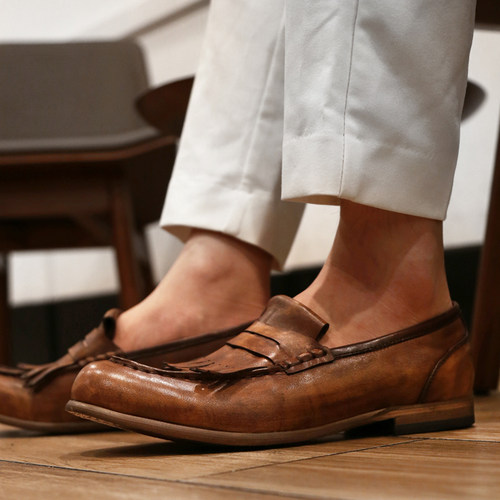 SYD手工复古乐福鞋男擦色流苏一脚蹬英伦风休闲小皮鞋懒人豆豆鞋