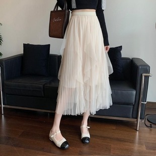 半身裙女春秋季2024年新款中长款沙裙秋冬黑色垂坠感小个子网纱裙