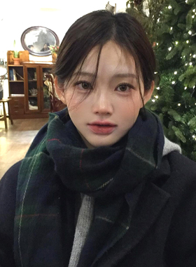 韩ins简约绿色格纹围巾