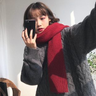 加厚保暖针织围脖鬼怪款 韩版 气质酒红色学生毛线围巾女冬季 自留