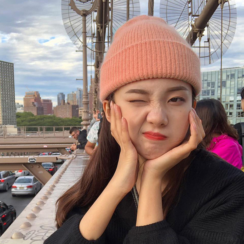 可爱显白西柚色兔毛ins针织帽子