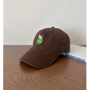 美拉德色系~ins复古可爱kiity猫咪刺绣棒球帽百搭显脸小鸭舌帽女