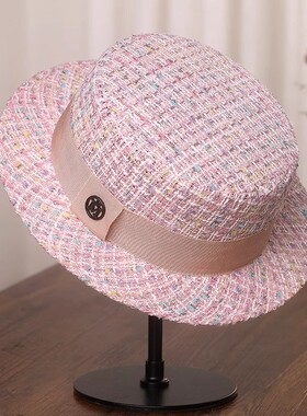 法式复古名媛小香风粗布花呢平顶帽子女秋冬韩版时尚气质小沿礼帽