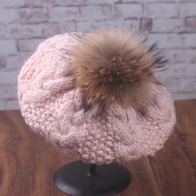 贝雷帽复古文艺貉子毛球可拆卸