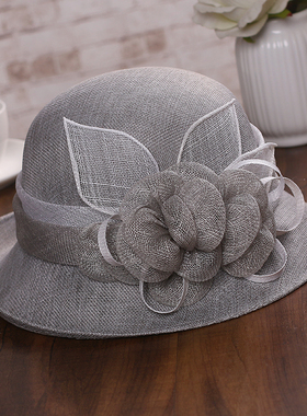 英伦复古帽子女春夏天新款优雅花朵亚麻帽防晒遮阳帽麻纱卷边礼帽