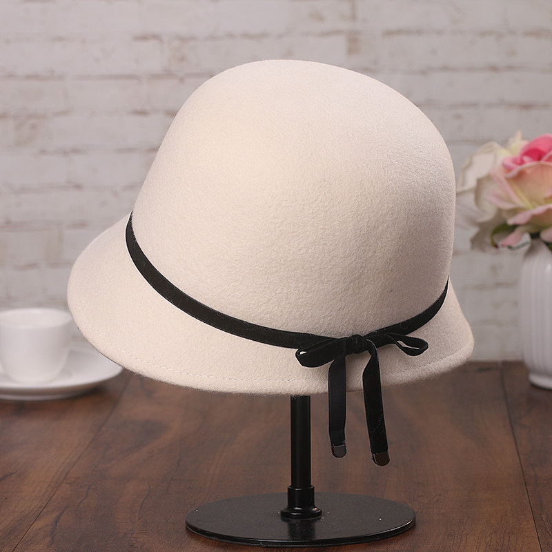 帽子女秋冬赫本风优雅蝴蝶结羊毛呢盆帽时尚保暖渔夫帽毛呢毡帽