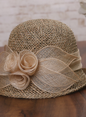 帽子女士春夏优雅复古花朵麻纱帽子时尚镂空透气渔夫帽防晒遮阳帽