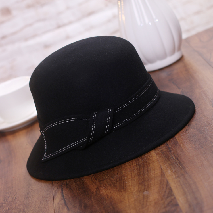 韩版名媛蝴蝶结礼帽女士秋冬新品圆顶卷边渔夫帽女优雅羊毛呢盆帽