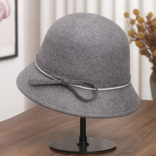 赫本风羊毛呢渔夫帽女秋冬气质珍珠蝴蝶结保暖盆帽优雅百搭小礼帽