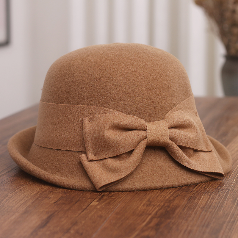 盆帽子圆顶羊毛呢蝴蝶结百搭秋冬