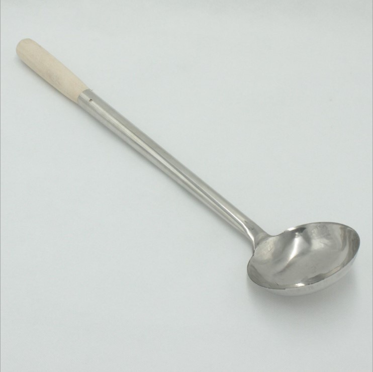 全钢不锈钢炒勺6-8两加厚炒菜打菜勺汤勺 厨师加长木柄炒勺锅铲