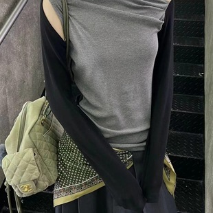 T恤镂空时尚 设计感撞色拼接荡领长袖 纯欲斜肩上衣 新款 Esu2025秋季