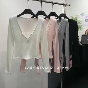 BABY2024冬季新款修身显瘦半开领长袖T恤+时尚性感蕾丝打底背心