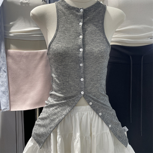 BABY2024夏季新款小众修身显瘦无袖T恤时尚开叉辣妹吊带背心上衣