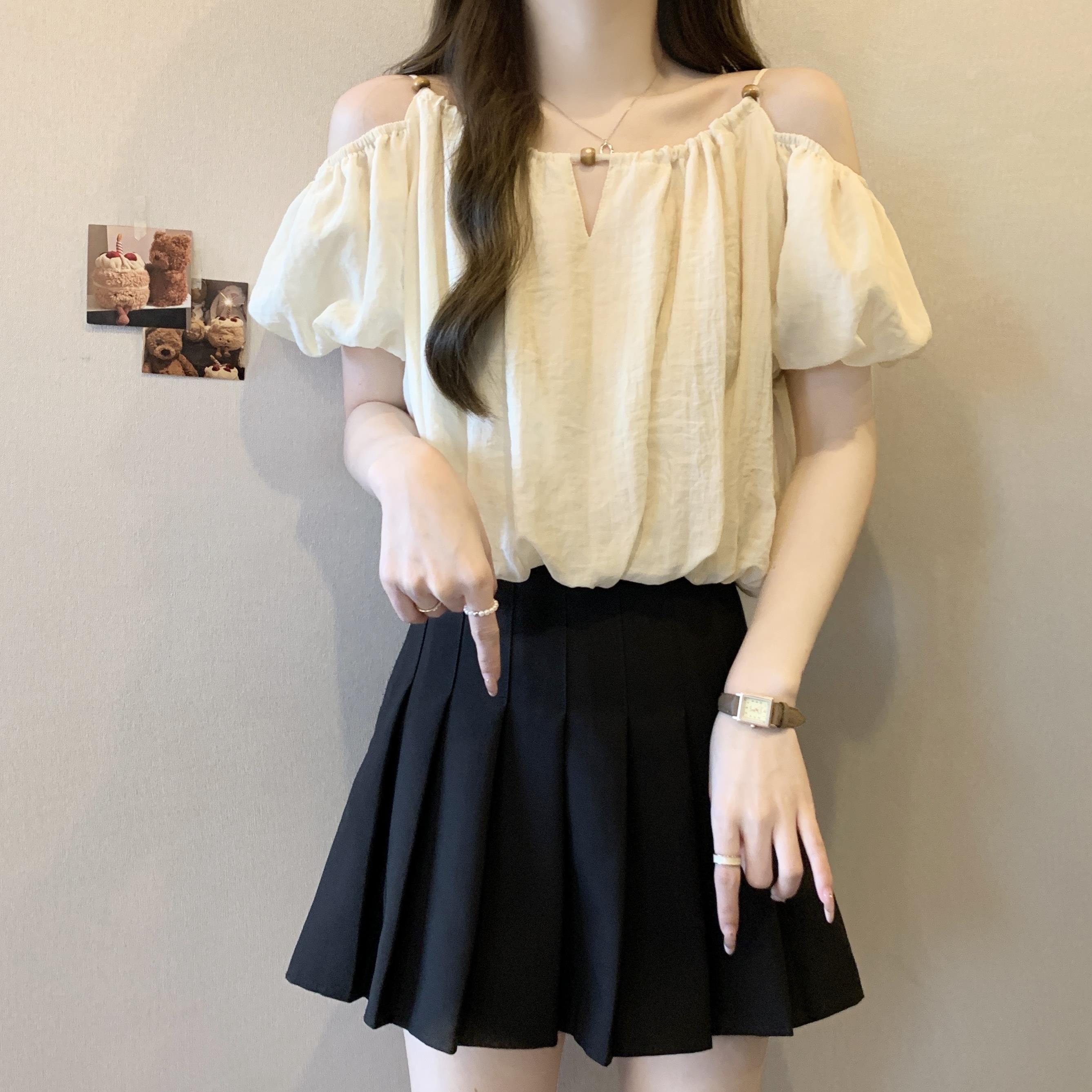 大码法式泡泡袖甜美一字领雪纺衬衫女夏季胖妹妹遮肉显瘦露肩上衣