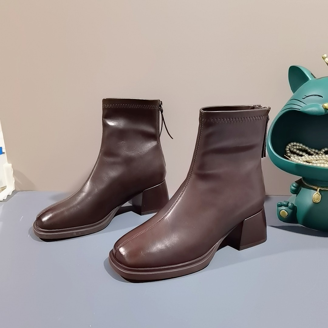 10-927断码特价  35码 英伦风方头短靴女棕色粗跟马丁靴瘦瘦春秋,女鞋,马丁靴,淘宝优惠券,粉丝福利购,淘宝优惠卷