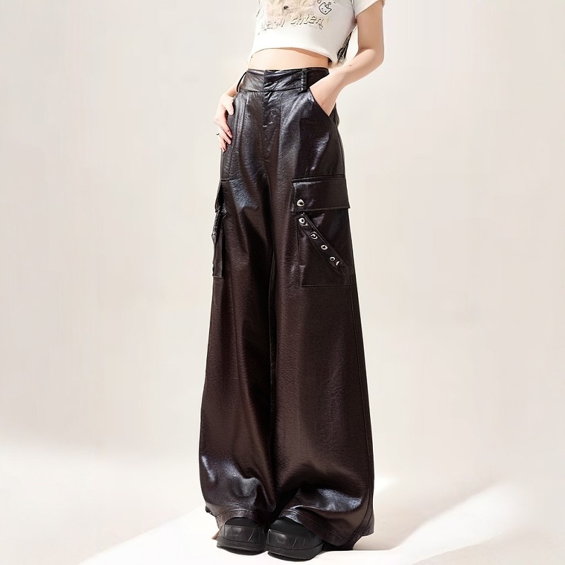 美式高级感皮裤工装阔腿裤女春季2025新款多口袋宽松高腰休闲裤子