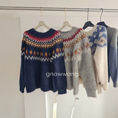 圣诞风复古费尔岛提花羊绒毛衣女