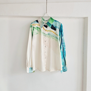 高级设计感定位水墨晕染印花长袖 女复古丝滑缎面翻领上衣衬衣 衬衫