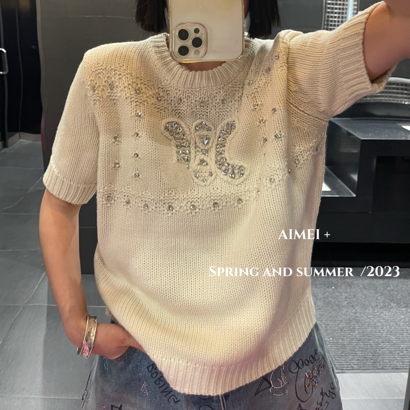 意式高级感立体钩花针织衫水钻凯旋门短袖毛衣春日套头休闲上衣女