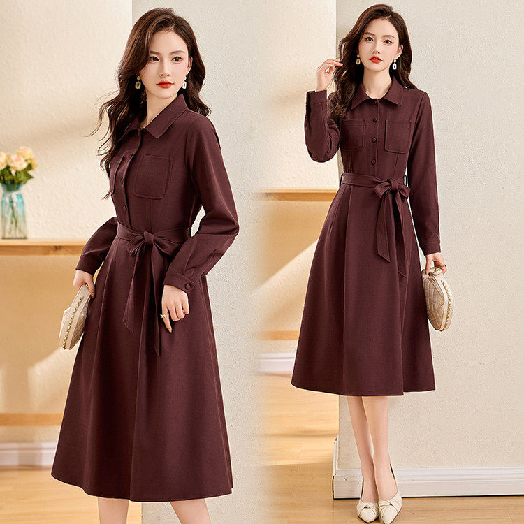 优雅长袖衬衫连衣裙女收腰系带显瘦中长款轻奢高级感