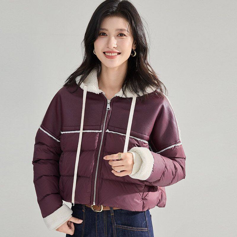 冬新款韩版宽松皮毛一体拼接羽绒服短款白鸭绒上衣外套女22462