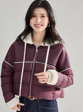冬新款韩版宽松皮毛一体拼接羽绒服短款白鸭绒上衣外套女22462