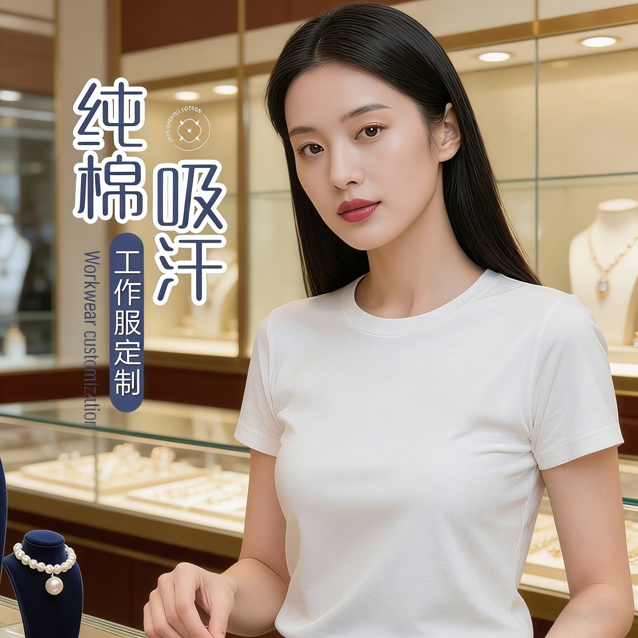 白色珠宝工作服黄金店夏季纯棉服T恤印制
