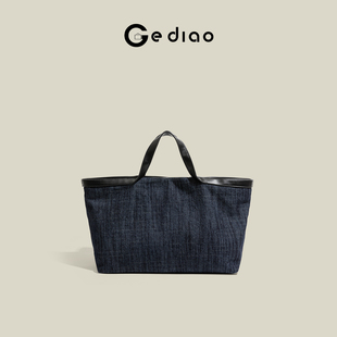 格调studio韩系简约pu拼接牛仔包包2026新款 手提公文包通勤托特包