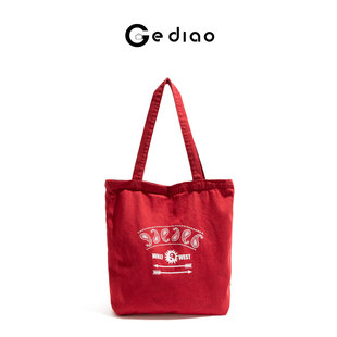 格调studio夏日做旧设计感红色包包洗水布手提包大容量单肩托特包