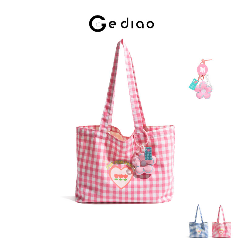 格调studio春季流行多巴胺穿搭格子帆布包包少女学院风单肩托特包