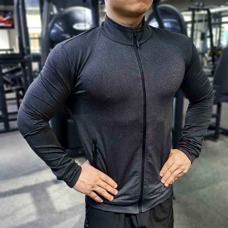 运动健身外套男秋季宽松速干透气跑步训练服长袖弹力修身立领卫衣