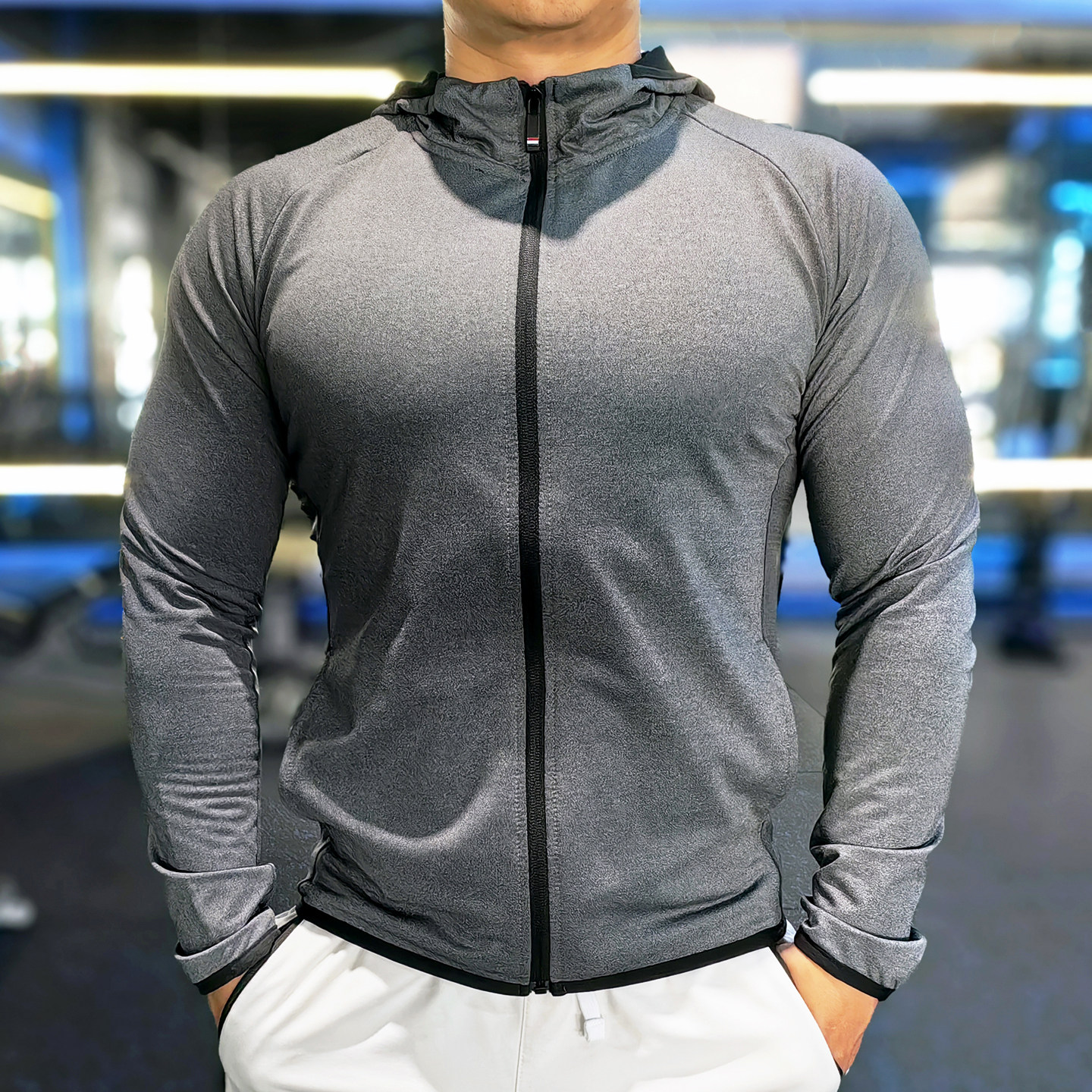 运动健身外套男秋季户外跑步训练服弹力速干透气排汗修身连帽长袖