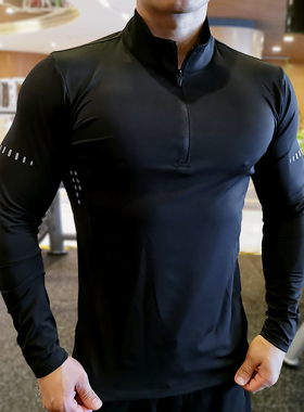 运动长袖T恤男春秋健身POLO衫速干透气弹力紧身立领上衣教练工服