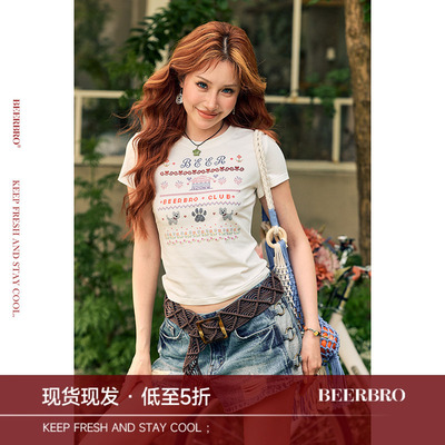 BeerBro『玩乐夏日』甜酷马赛克艺术花卉碰撞萌趣小狗T恤女夏季