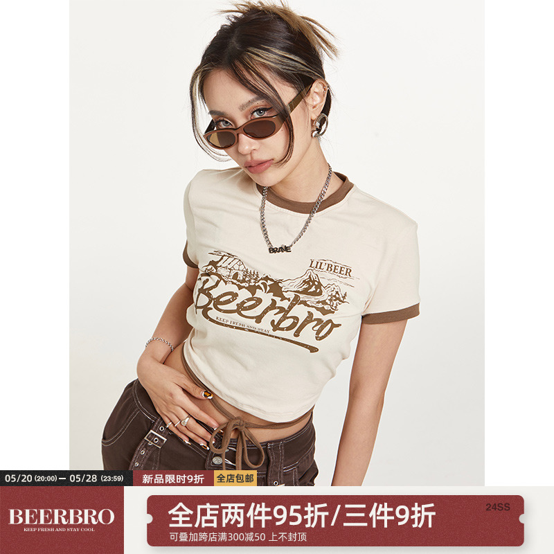 BeerBro美式复古设计感绑带短袖女2024夏季欧美辣妹修身正肩T恤女-封面