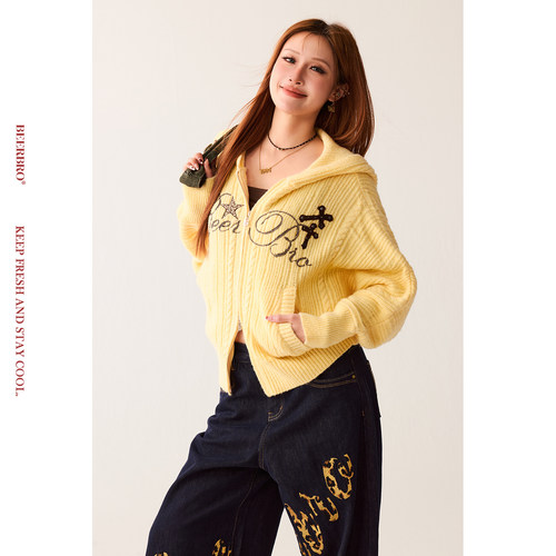BeerBro『复古声浪』舒服软糯美式复古扭花蝙蝠袖毛衣开衫外套