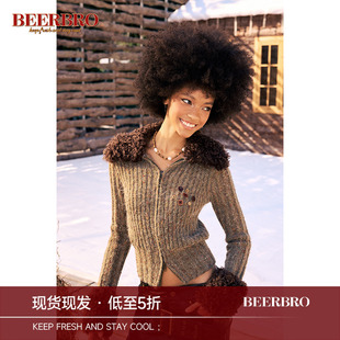 BeerBro 美式秋日氛围感vintage毛领开衫毛衣女秋冬短款加厚外套