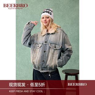 BeerBro 美式复古宽松做脏毛领短款牛仔外套女秋冬加厚做旧棉服