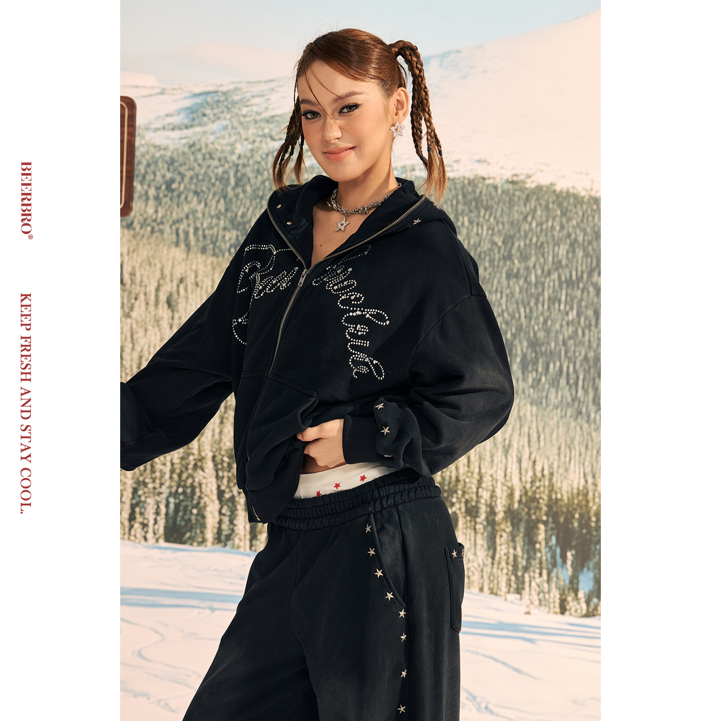 BeerBro『反叛竞技社』100%全棉秋冬烫钻星星铆钉洗水卫衣外套