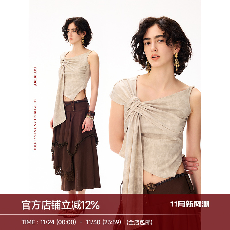 BeerBro『艺术流浪』C位辣妹 绑带不对称下摆露肩短袖t恤女夏