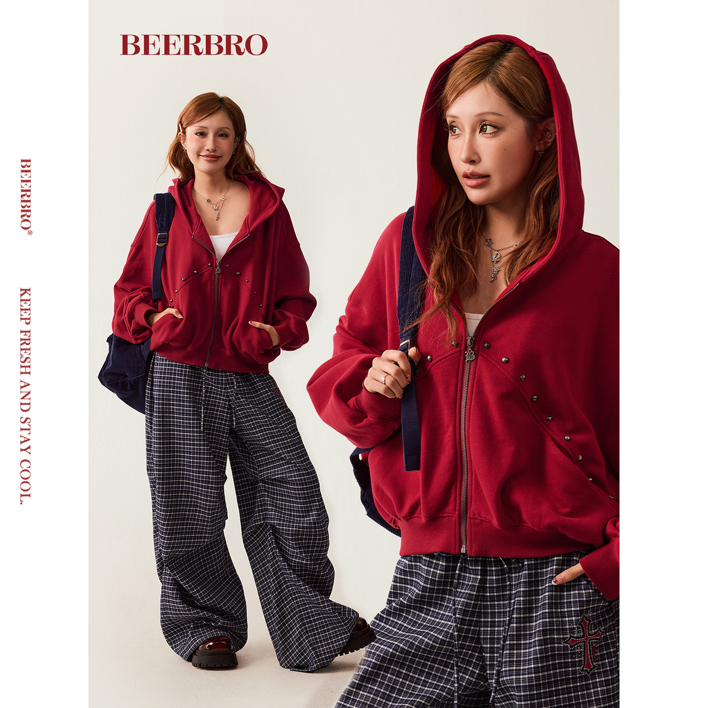 BeerBro『新启旅途』美式休闲撞色铜片十字架2026年卫衣短外套,女装/女士精品,卫衣/绒衫,淘宝优惠券,粉丝福利购,淘宝优惠卷