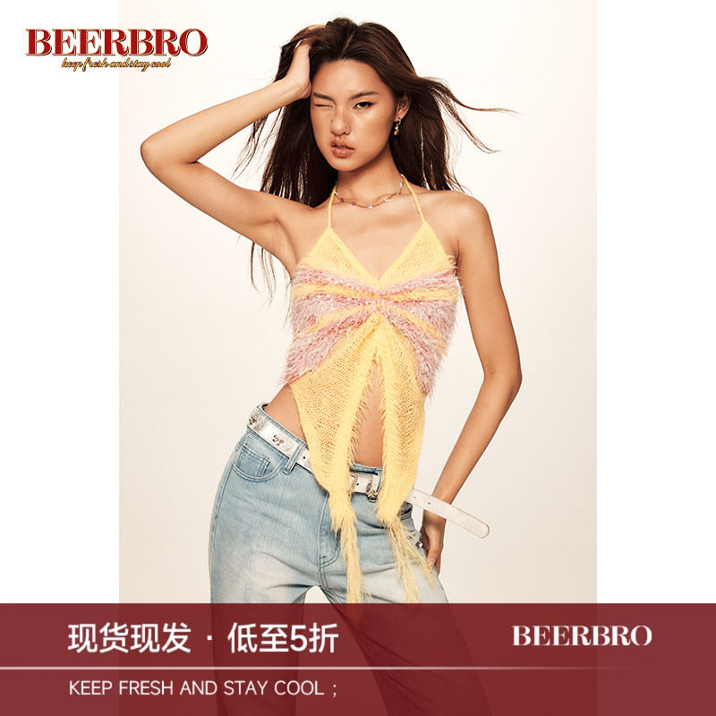 BeerBro 美式复古海岛辣妹特种纱多彩蝴蝶形挂脖背心吊带上衣女图片