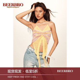 BeerBro 美式复古海岛辣妹特种纱多彩蝴蝶形挂脖背心吊带上衣女